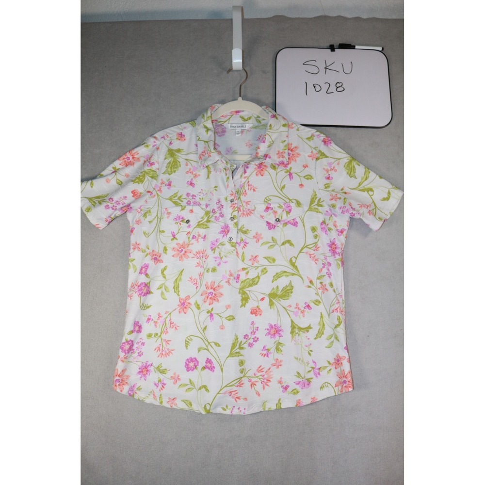 Emily Daniels Top Womens Large White Pink Floral Short Sleeve Button Blouse
